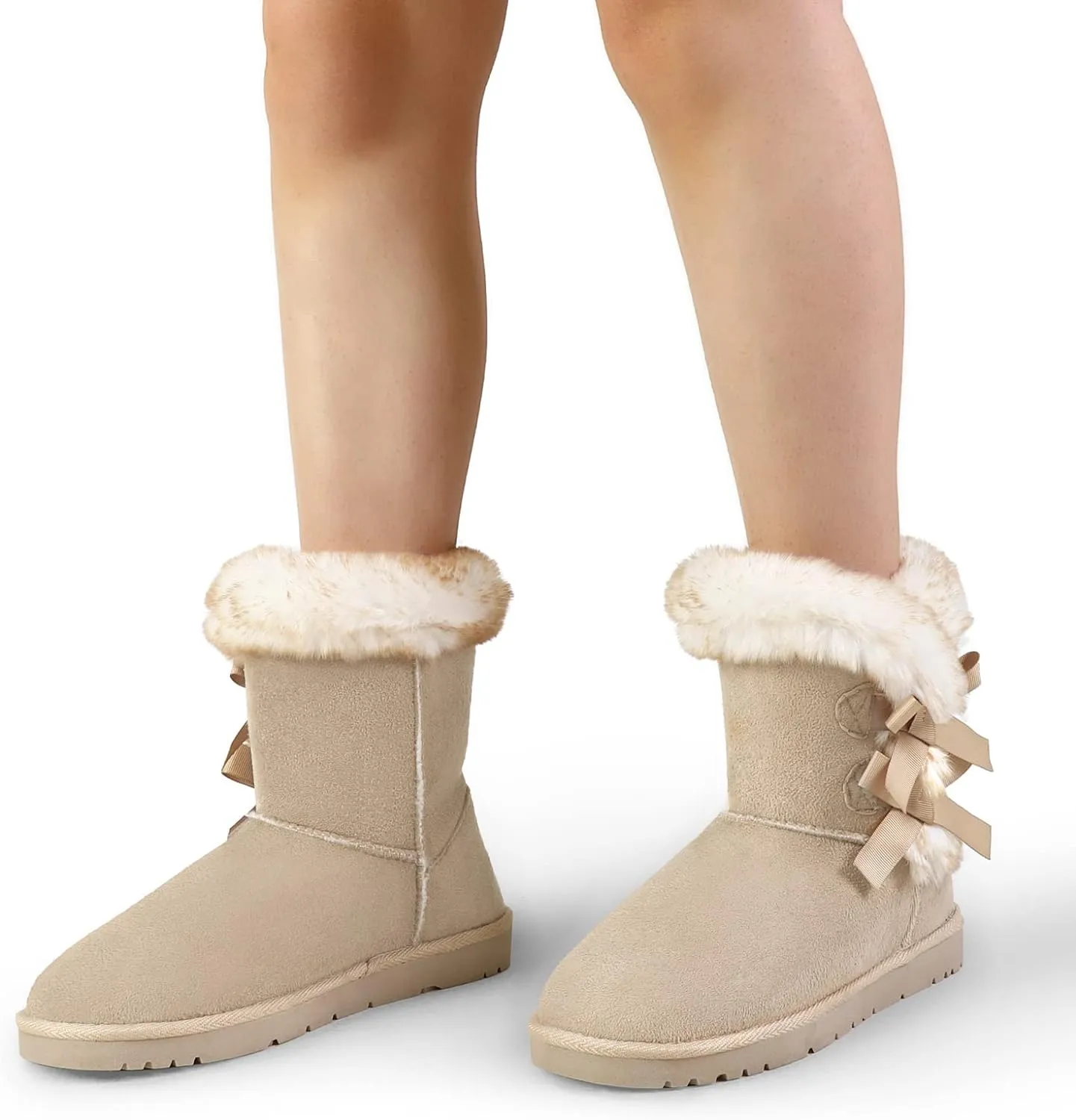 Faux Fur Winter Sand Bow Tie Suede Fluffy Boots