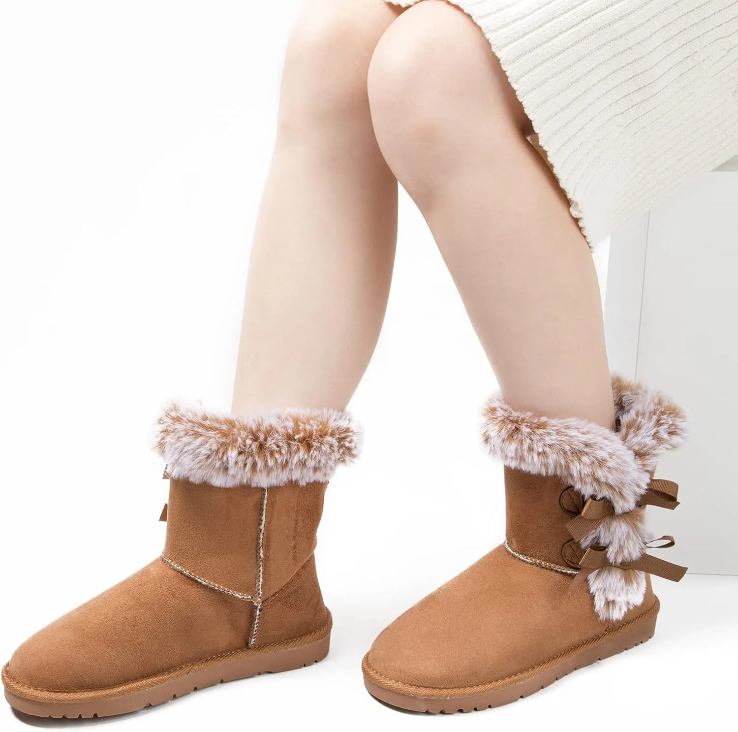 Faux Fur Winter Sand Bow Tie Suede Fluffy Boots