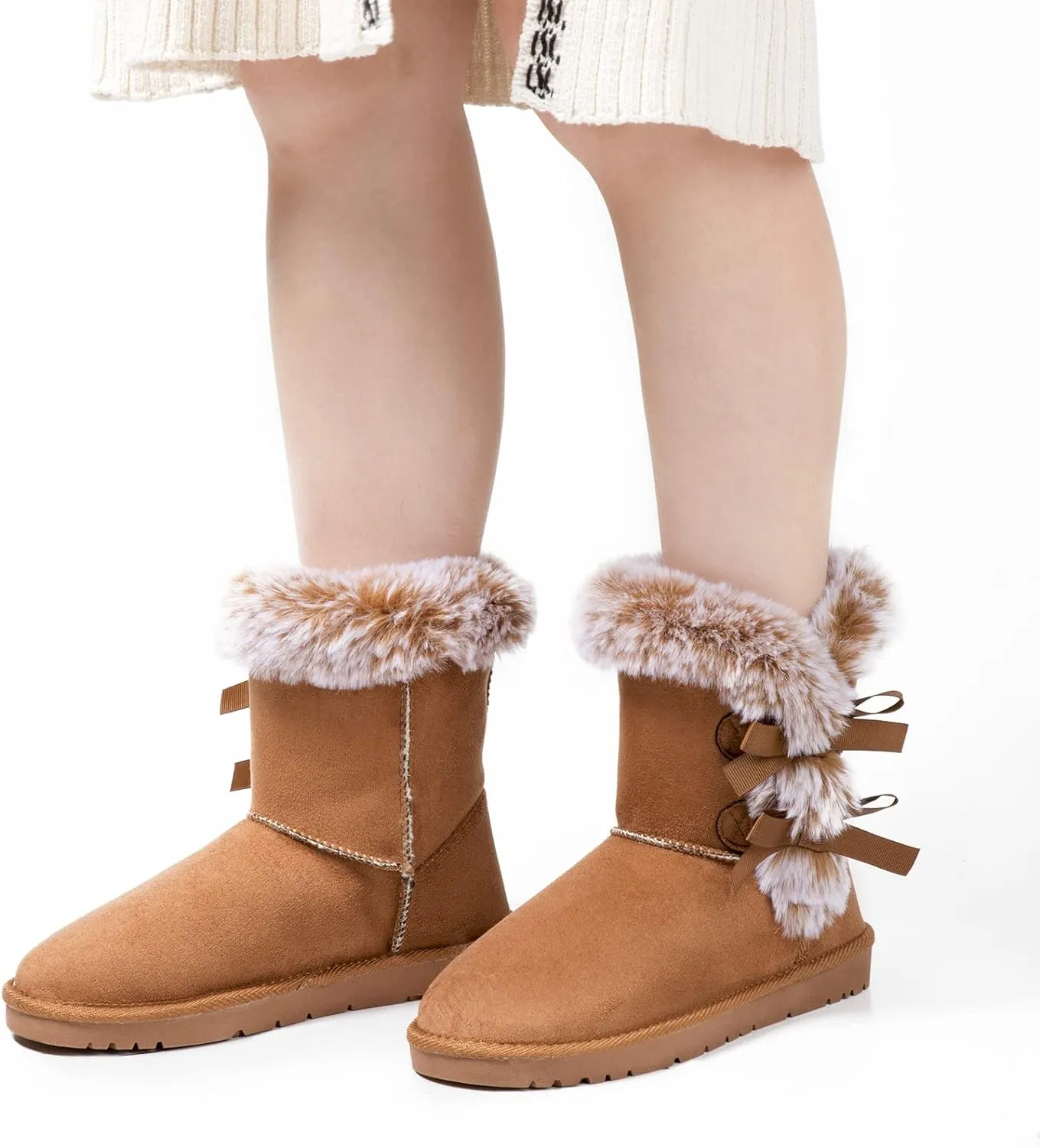 Faux Fur Winter Sand Bow Tie Suede Fluffy Boots