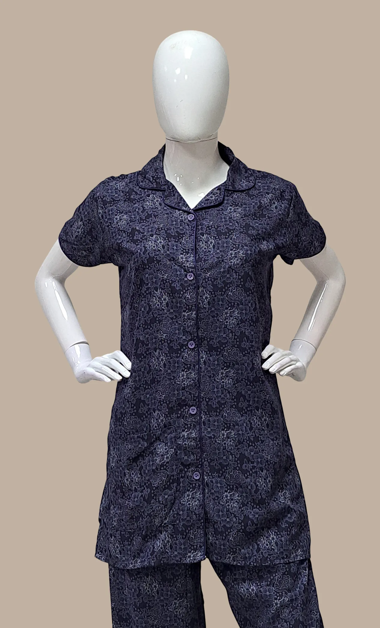 Navy Printed Cotton Leisure Set
