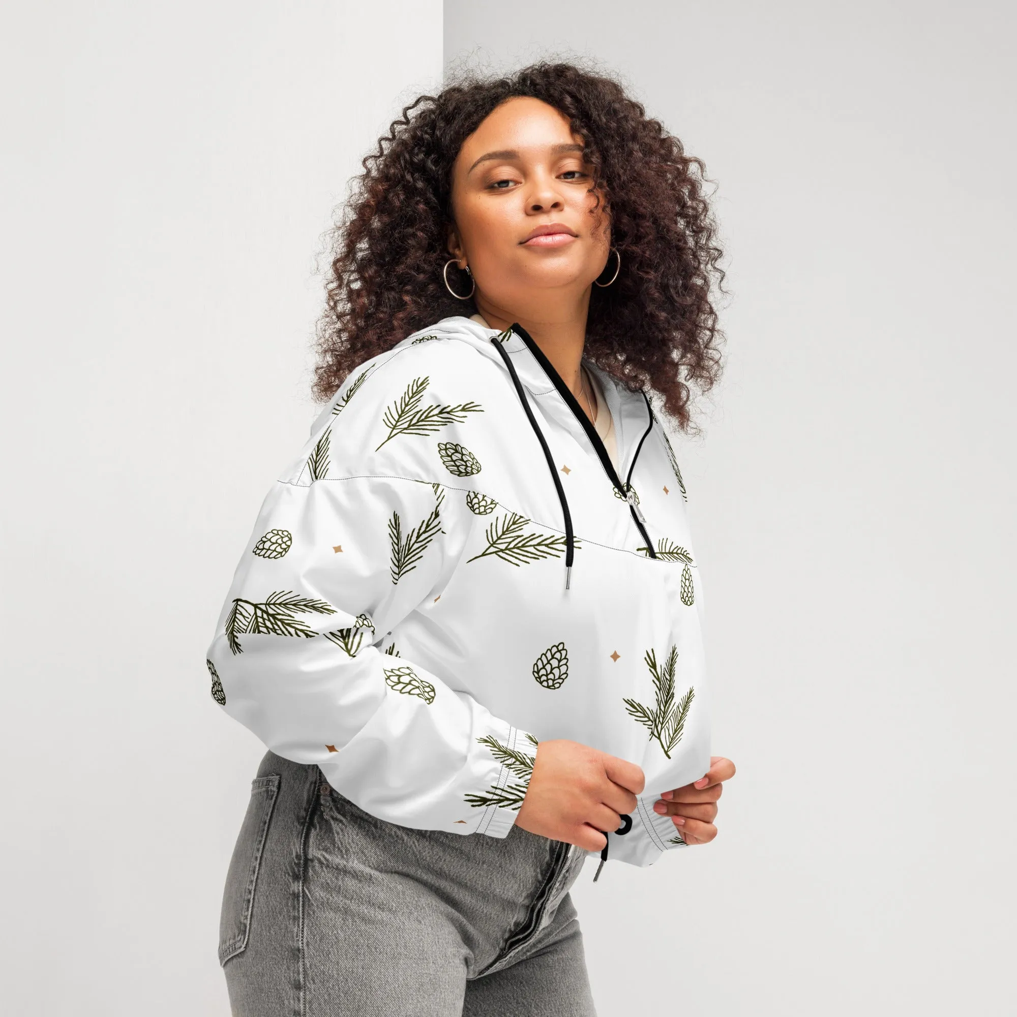 Women's Pinecone Pattern Cropped Windbreaker – Stylish & Lightweight