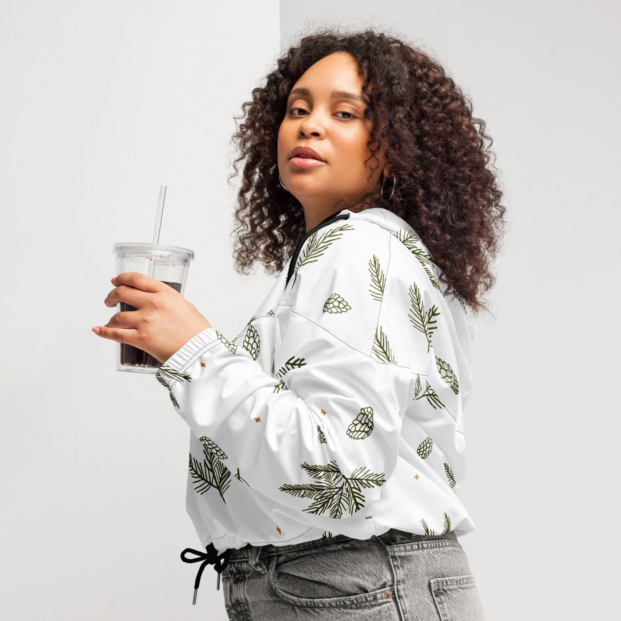 Women's Pinecone Pattern Cropped Windbreaker – Stylish & Lightweight