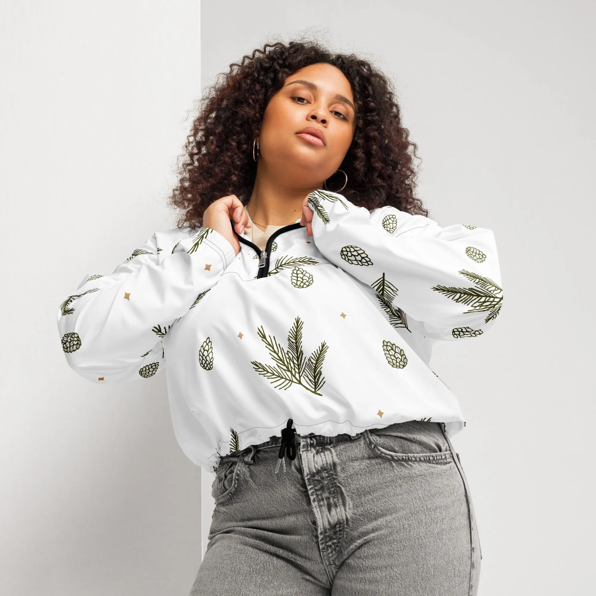 Women's Pinecone Pattern Cropped Windbreaker – Stylish & Lightweight